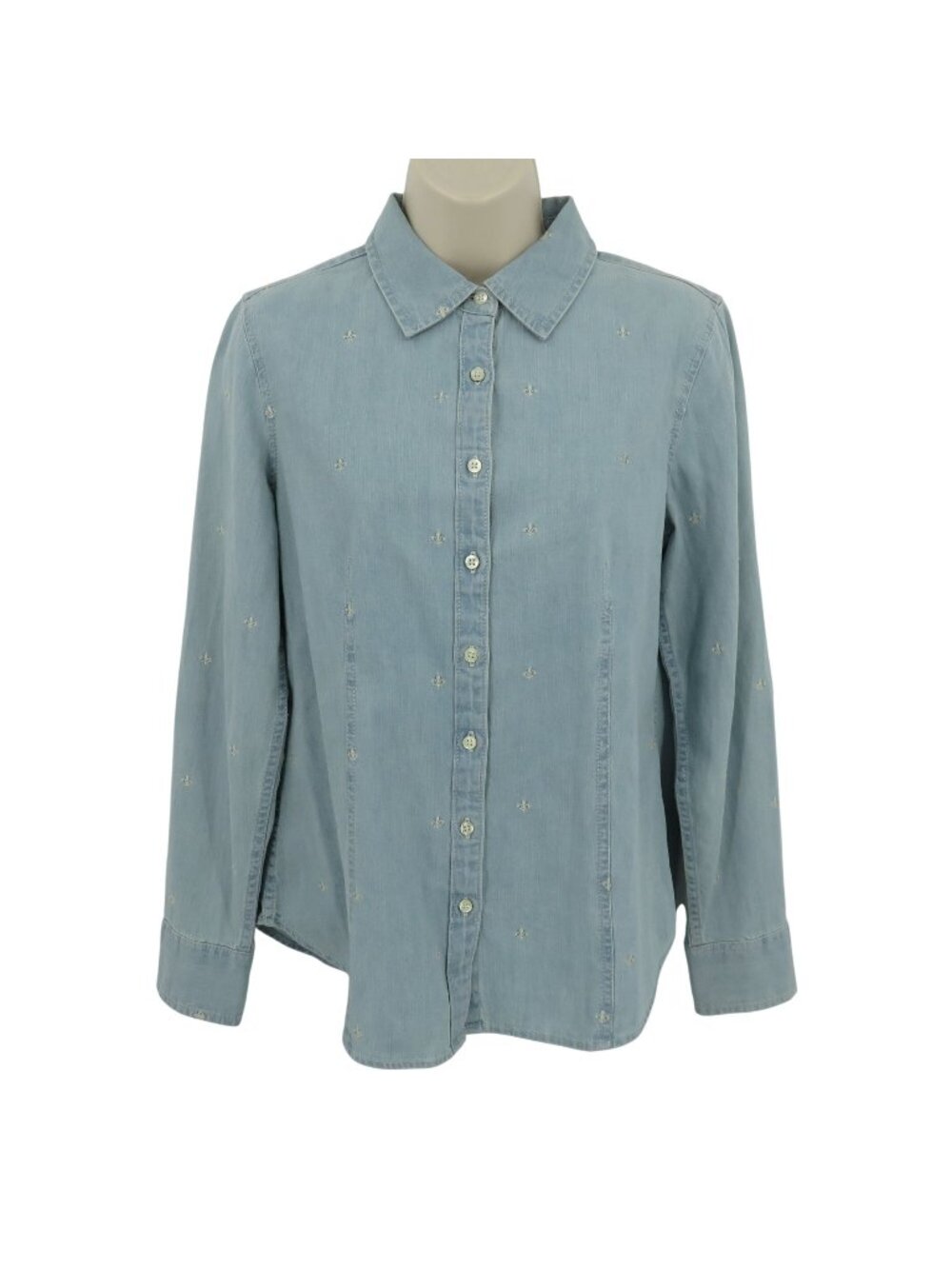 Talbots Women 6 Chambray Denim Button Shirt Embroidered Fleur De Lis Collar Top
